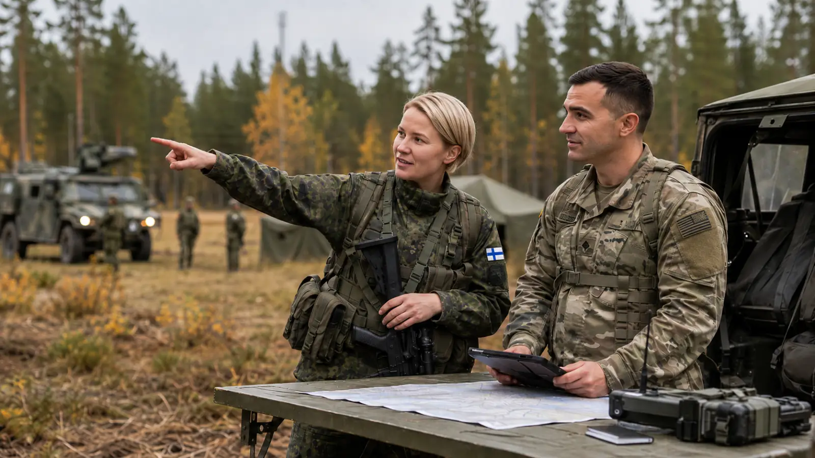 Suomalainen ja yhdysvaltalainen sotilas suunnittelevat kartan ääressä maastossa