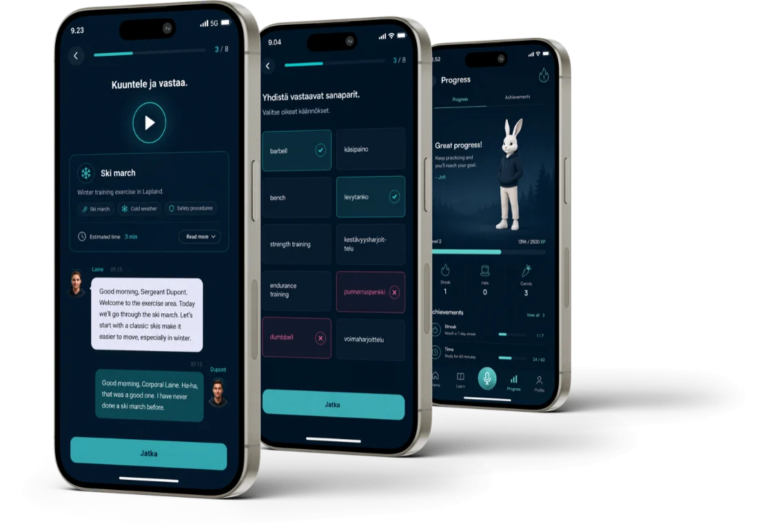 AliceAI Learning -mobiilisovellus: kuuntelutehtävä, sanaparit ja edistymisnäkymä